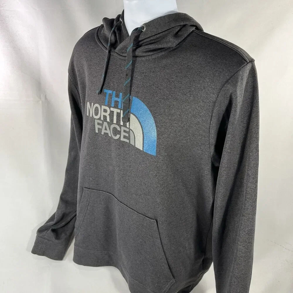 THE NORTH FACE HOODIE MENS LARGE DRAWSTRING HOODED SWEATSHIRT GRAY BLUE PULLOVER